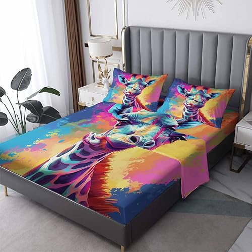 Juego de sábanas de jirafa tamaño King, sábanas coloridas, sábanas y fundas de almohada estampadas de 4 piezas, sábana bajera ajustable de