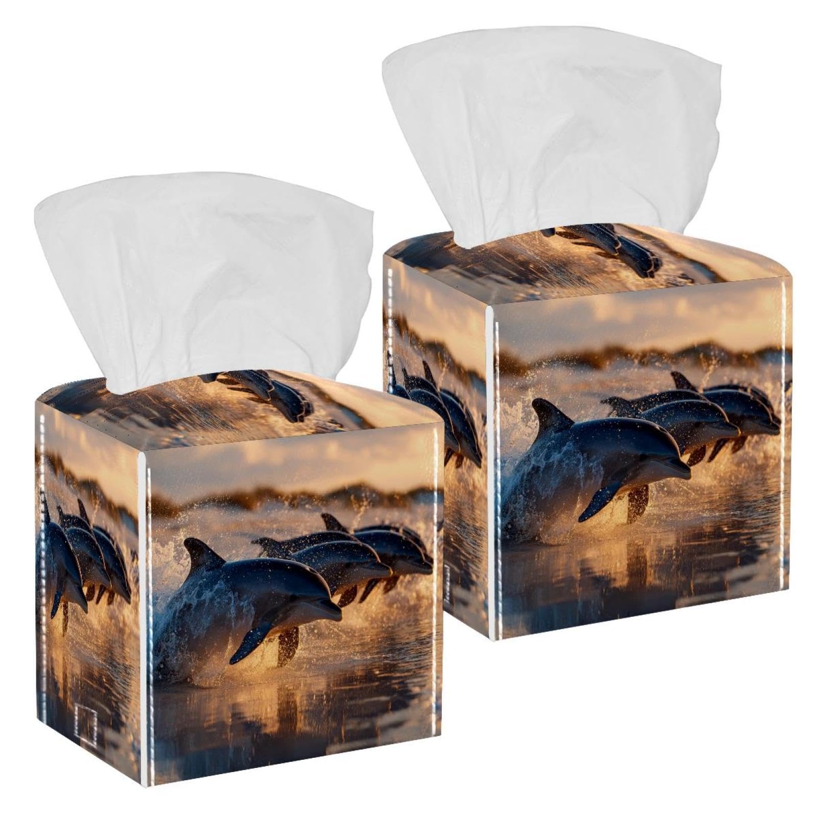 Dolphin Tissue Box Cover, 2 Pack PU Leather Square Facial Tissue Dispenser Box holder for Home Office Car