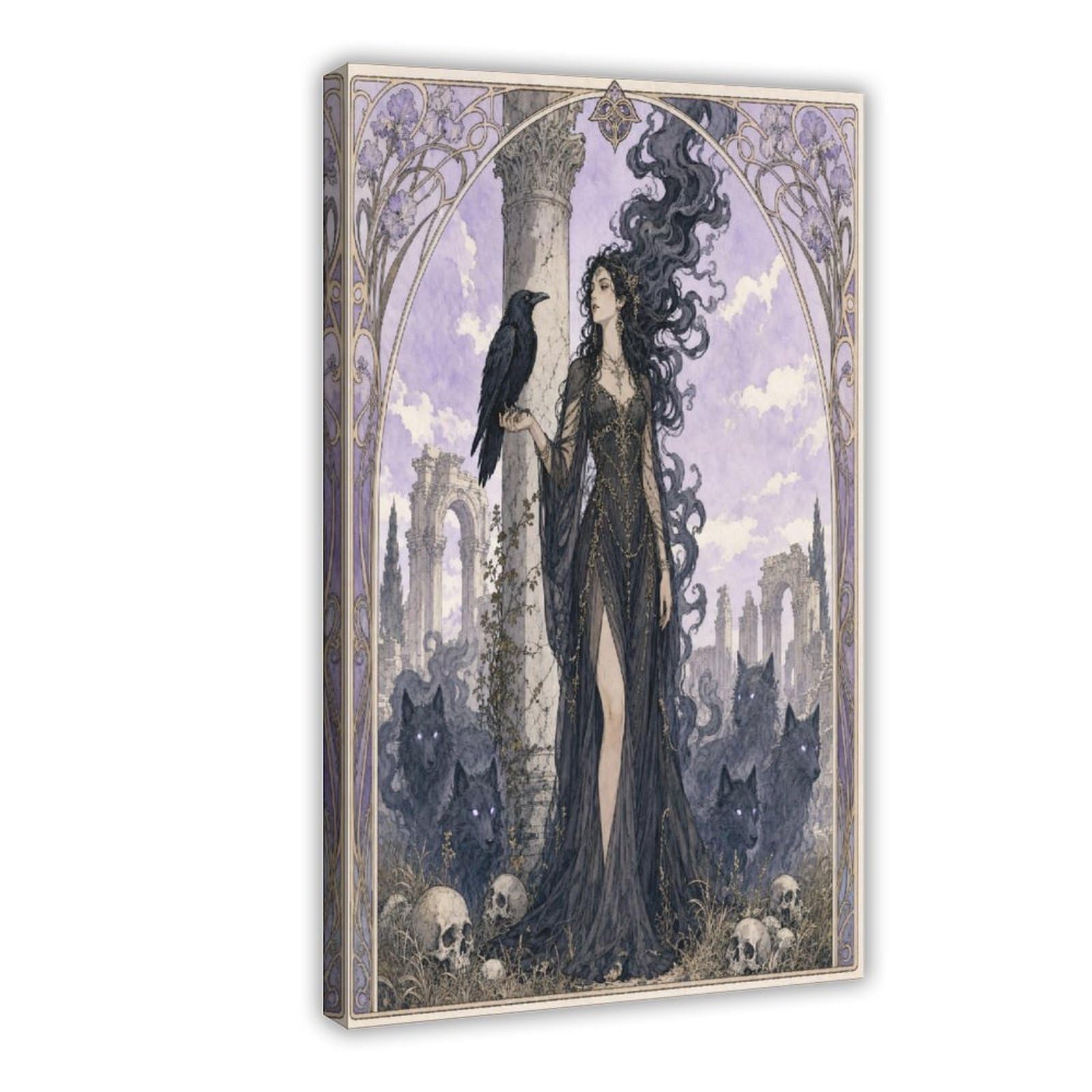 W7c8u2x3 Frame-Style-9 Raven Witch In Graveyard Canvas Wall Art, Gothic Art Studio
