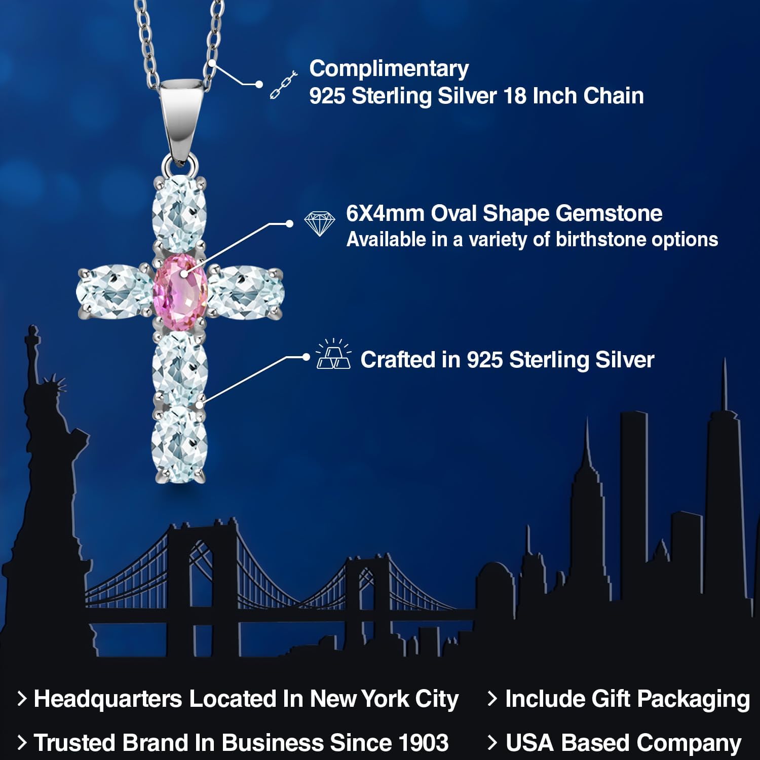 Gem Stone King 925 Sterling Silver Sky Blue Aquamarine and Pink Sapphire Cross Pendant Necklace for Women | 3.10 Cttw | Gemstone March Birthstone | Oval 6X4MM | With 18 Inch Chain - Image 2