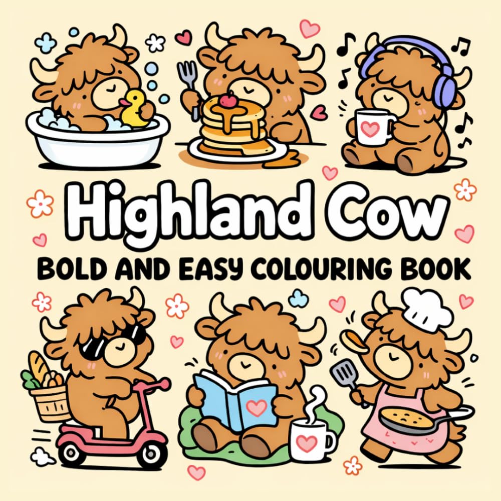 Highland Cow Bold and Easy Colouring Book: 40 Cute Highland Cow Illustrations with Simple and Bold Designs for Relaxing Colouring