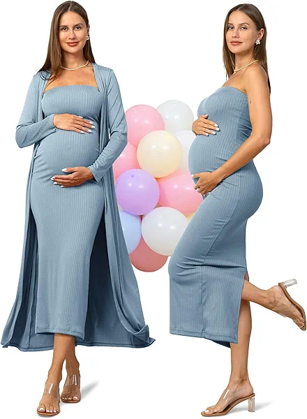 Rnxrbb 2 Piece Maternity Dress Cardigan Baby Shower Bodycon Fall Tube Maternity Dresses Long Gender Reveal Photoshoot