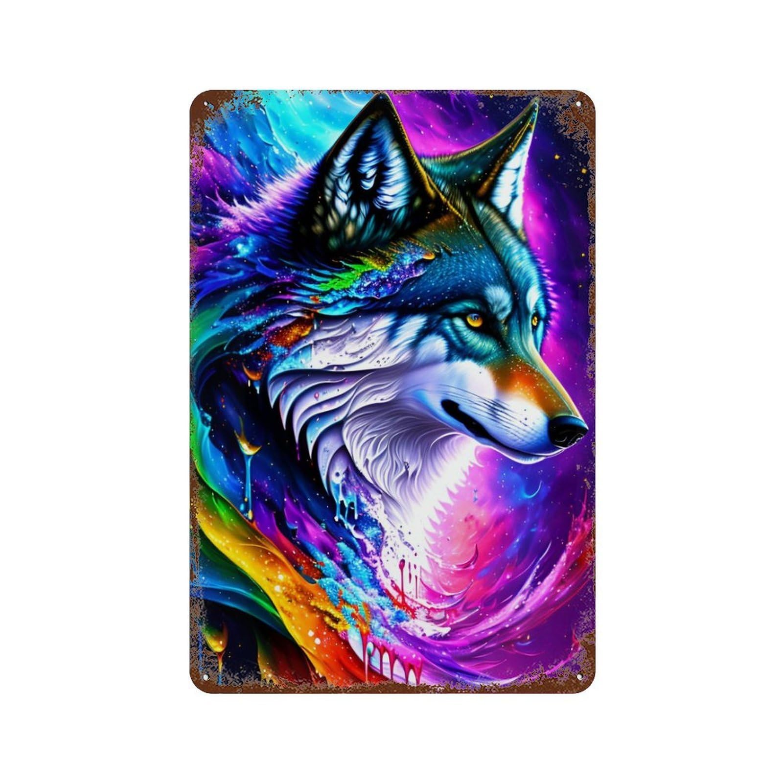 Colorful Wolf Art Print Decorative Tin Sign 11.8"x7.9", Shabby Chic Decor for Garage, Pub Or Kitchen