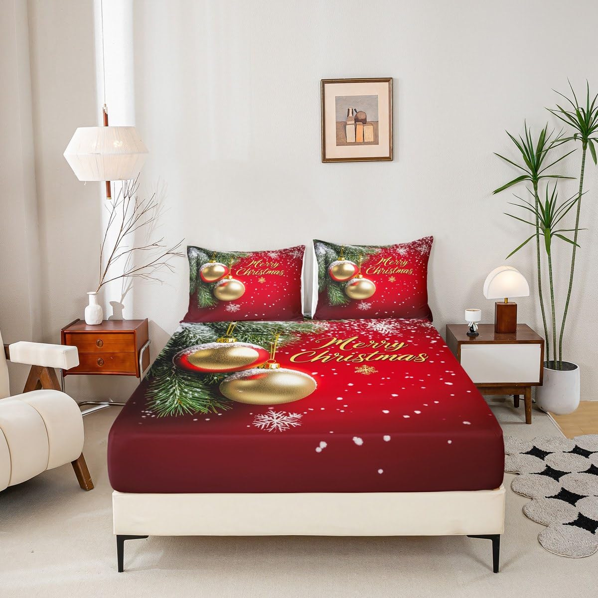 Homewish Juego de ropa de cama con diseño de campanas de Navidad doradas, sábana bajera ajustable de copo de nieve, para niños, adolescentes, niñas, adultos, temática de Año Nuevo, 3 piezas