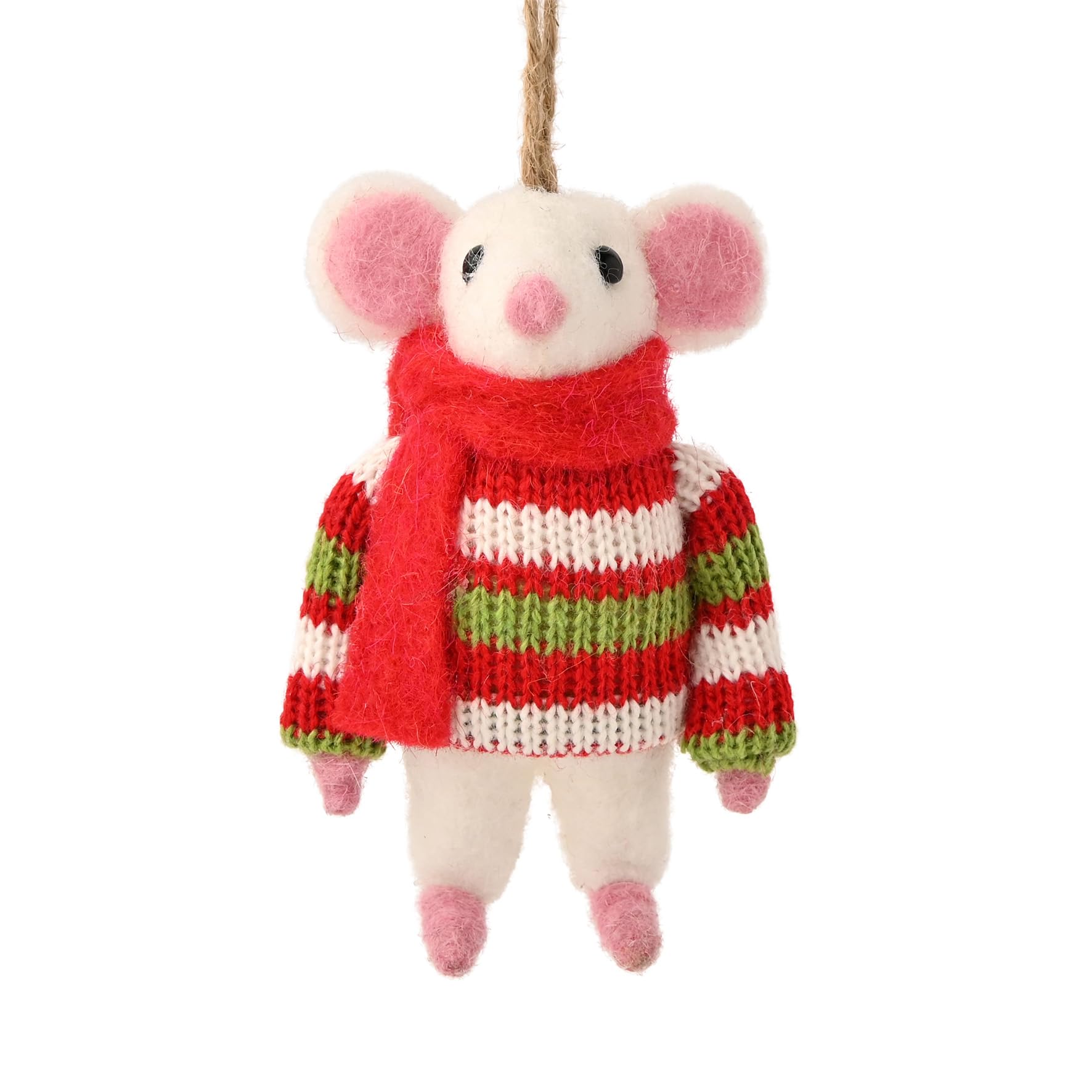 Widdop Felt Mouse with Stripey Jumper – 11cm Christmas Hanging Decoration – Cute Festive Felt Mouse with Red & Green Jumper and Scarf – Rustic Country Christmas Ornament