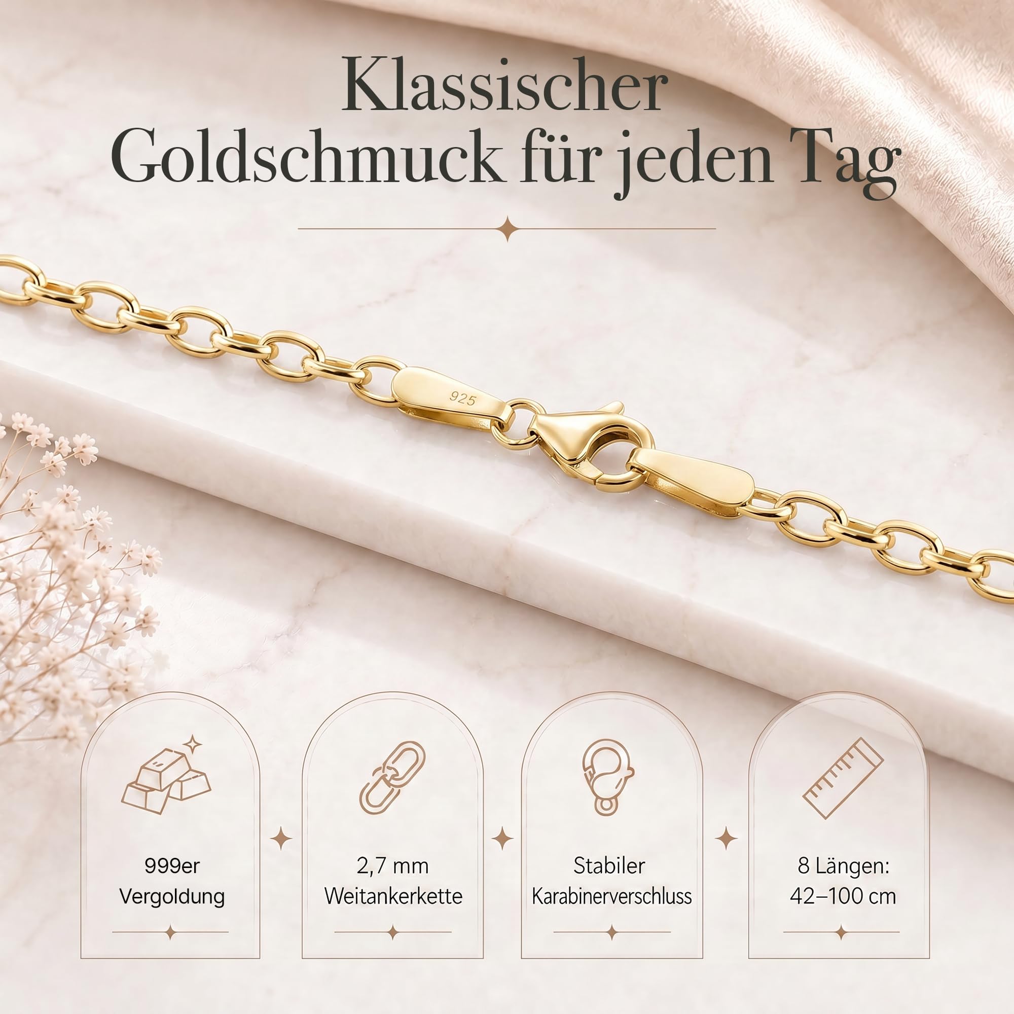 Ankerkette vergoldet 925 Silber Damen 2,7 mm Halskette 101032-5