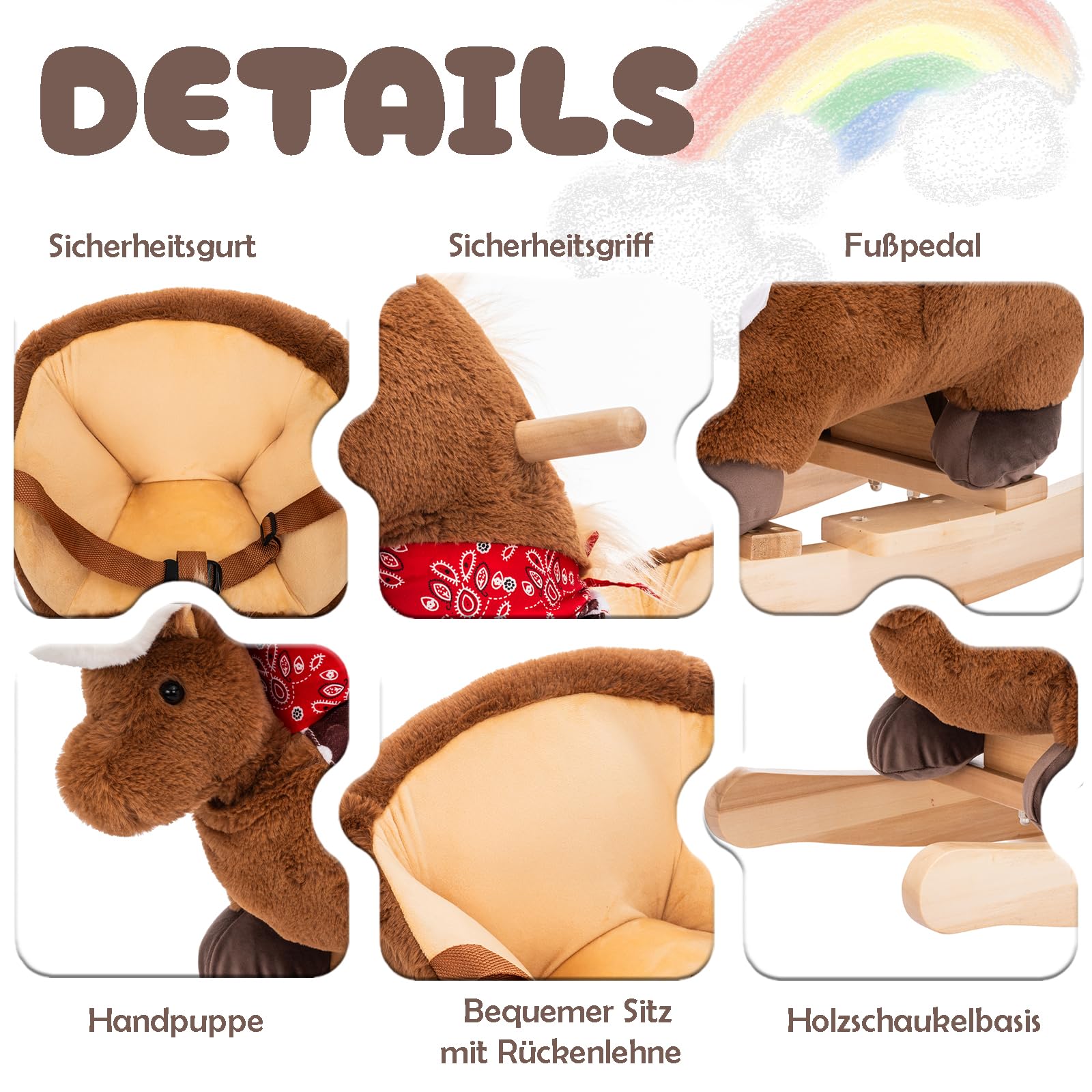 Schaukeltier mit Handpuppe, Kinder Schaukelstuhl mit Sicherheitsgurt, 12 bis 36 Monaten (Braun)