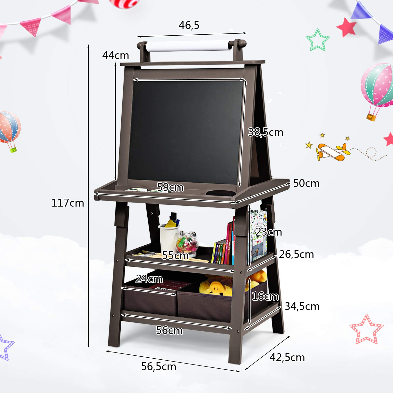 GOPLUS 3 in 1 Standtafel für Kinder, Magnetisches Whiteboard & Kreidetafel, Doppelseitiger Staffelei mit Aufbewahrungsbox, Maltafel, Schreibtafel, Kindertafel ink. Malpapier und Magneten (Braun)