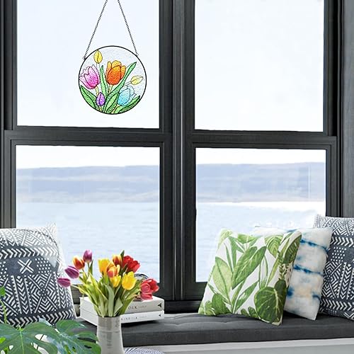 Miniatura 5 de Tuitessine Paneles colgantes con diseño de tulipán, 6.3 x 6.3 pulgadas, redondo, hecho a mano, con cadena, decoración de pared de jardín, patio,