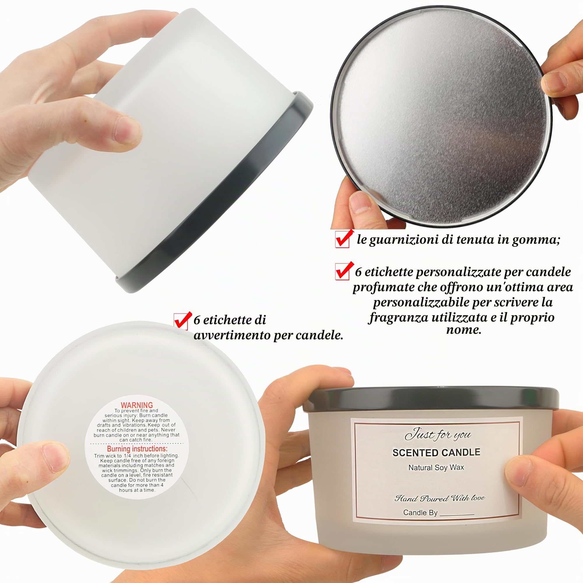 MILIVIXAY 6 barattoli per candele da 680 ml con coperchio in metallo e kit per la produzione di candele, 3 stoppini, barattoli vuoti in vetro smerigliato per la produzione di grandi candele, spezie