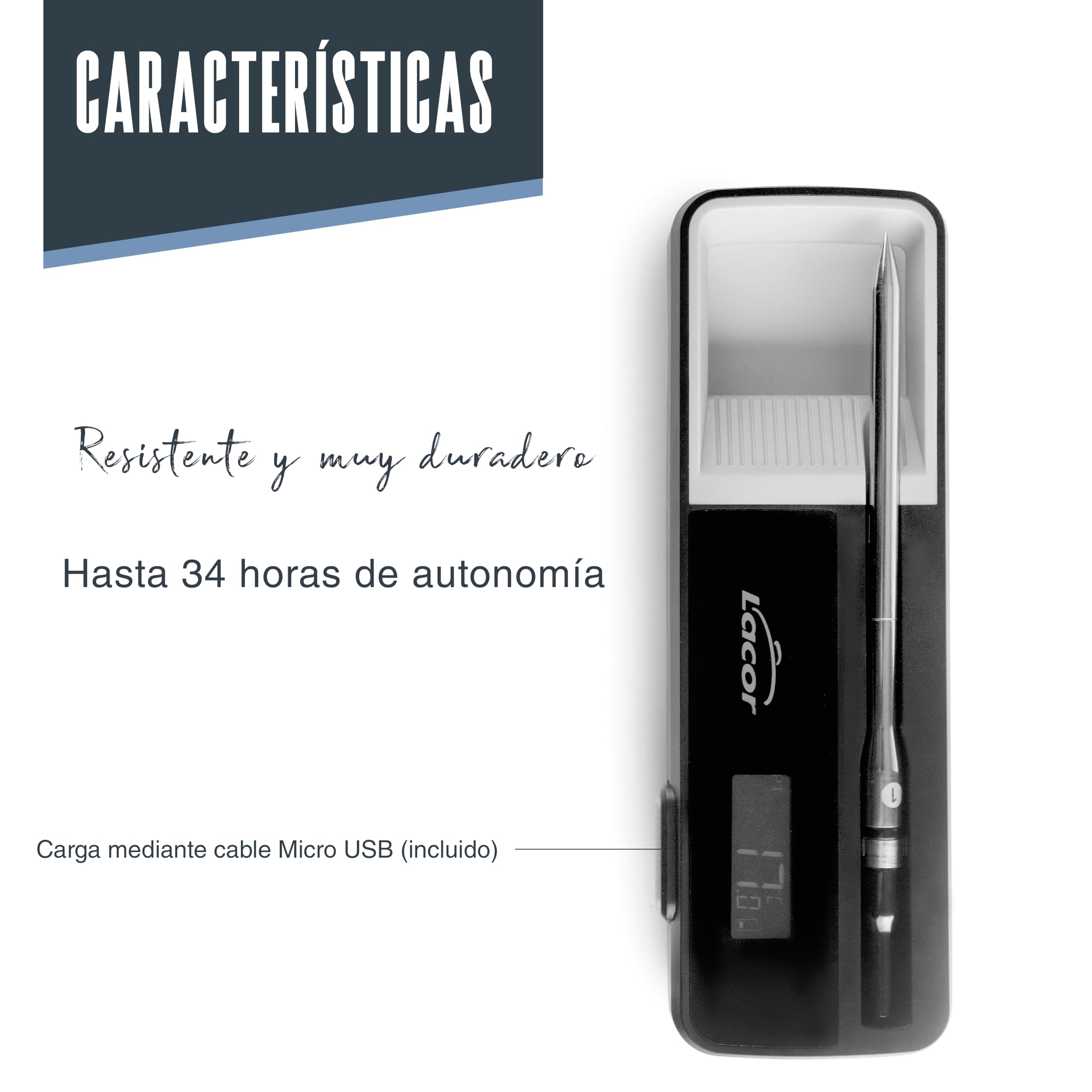 Lacor 62243 - Termómetro Bluetooth con Sonda Inalámbrica de 14 cm | En acero inoxidable, para un uso práctico y profesional en cocina; ideal para cocina profesional y uso diario en casa