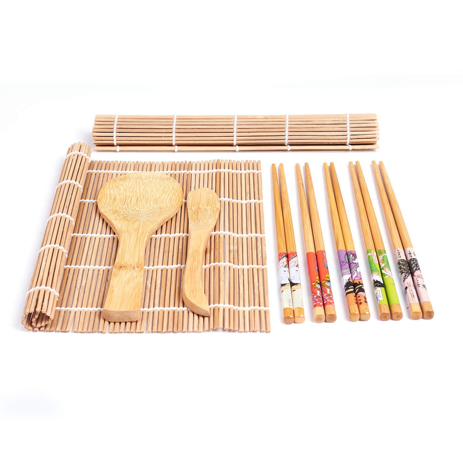 Kit Fabrication Sushis 9 Pièces Bambou - Tapis à Rouler, Baguettes, Pagaie Et Spatule