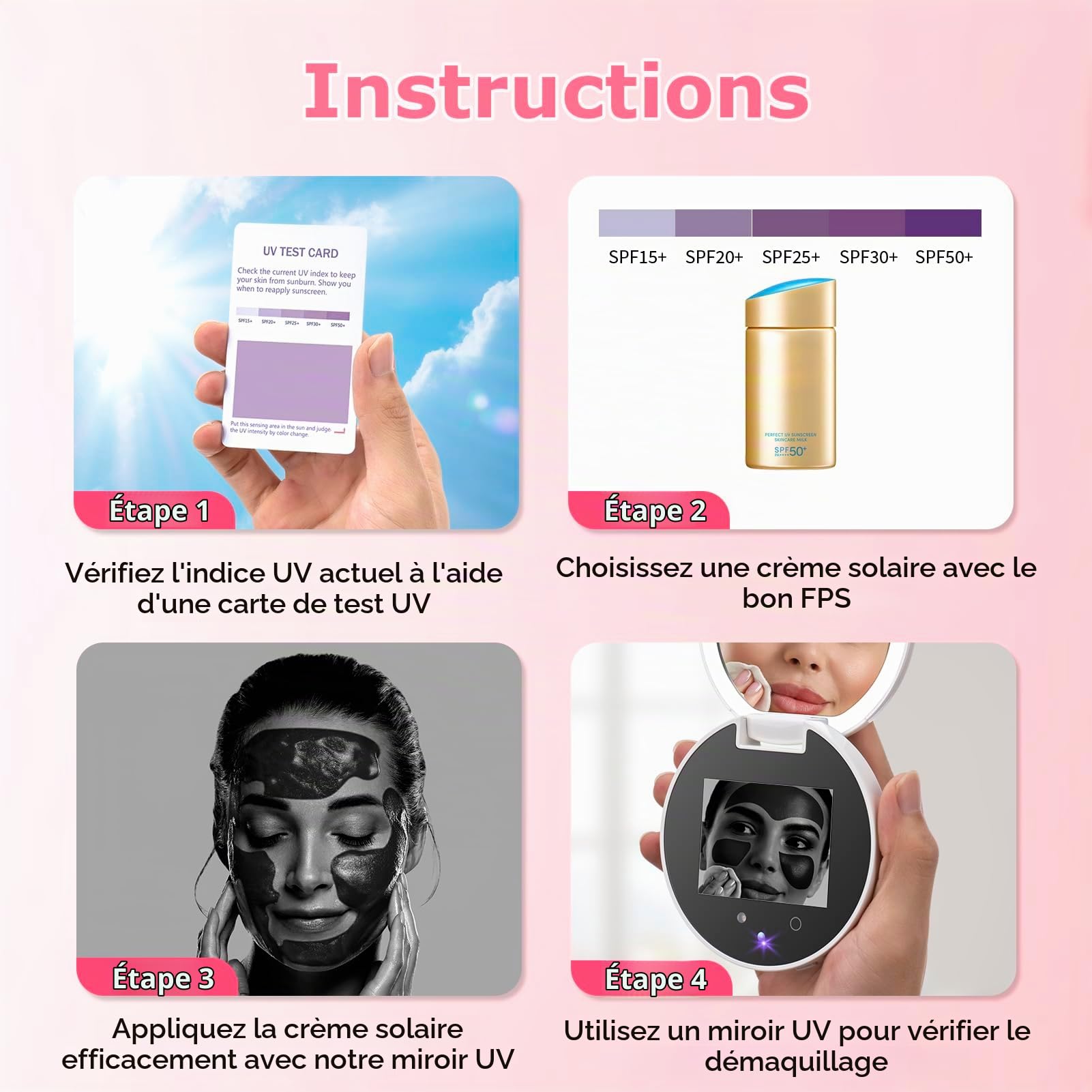 Vanexiss - Caméra UV pour test de protection solaire avec miroir UV de 3,8 pouces | 2 miroirs grossissants rechargeables avec miroir de poche double face pour protection de la peau (blanc)