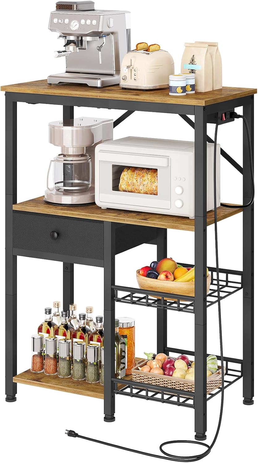 Yatiney Bakers Rack with Power Outlet, Coffee Bar Microwave Stand, Storage Shelves & Drawer for Small Kitchen - Rustic Brown HB09UBR