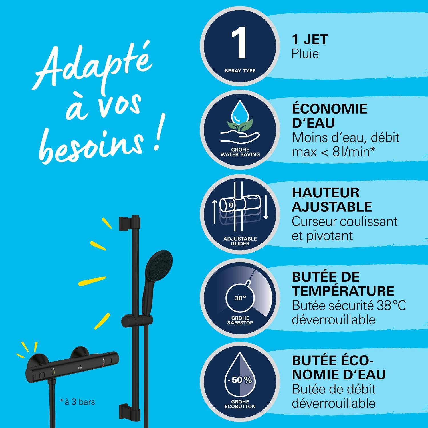 GROHE Precision Start, Ensemble Douche avec Thermostatique (Pommeau Rond 11cm 1 jet, Flexible 1.75m et Barre 60cm à coller avec GROHE QuickGlue ou à visser), Economie d'Eau, Noir Mat, 345972431