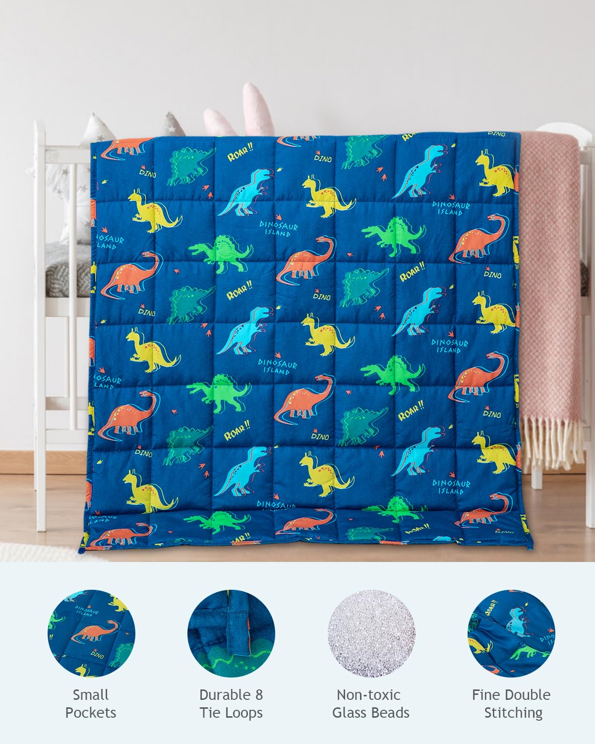 Sivio Gewichtsdecke 1,4 kg 90x120cm Kristallsamt Dinosaurier Reversible Schwere Decke Blau