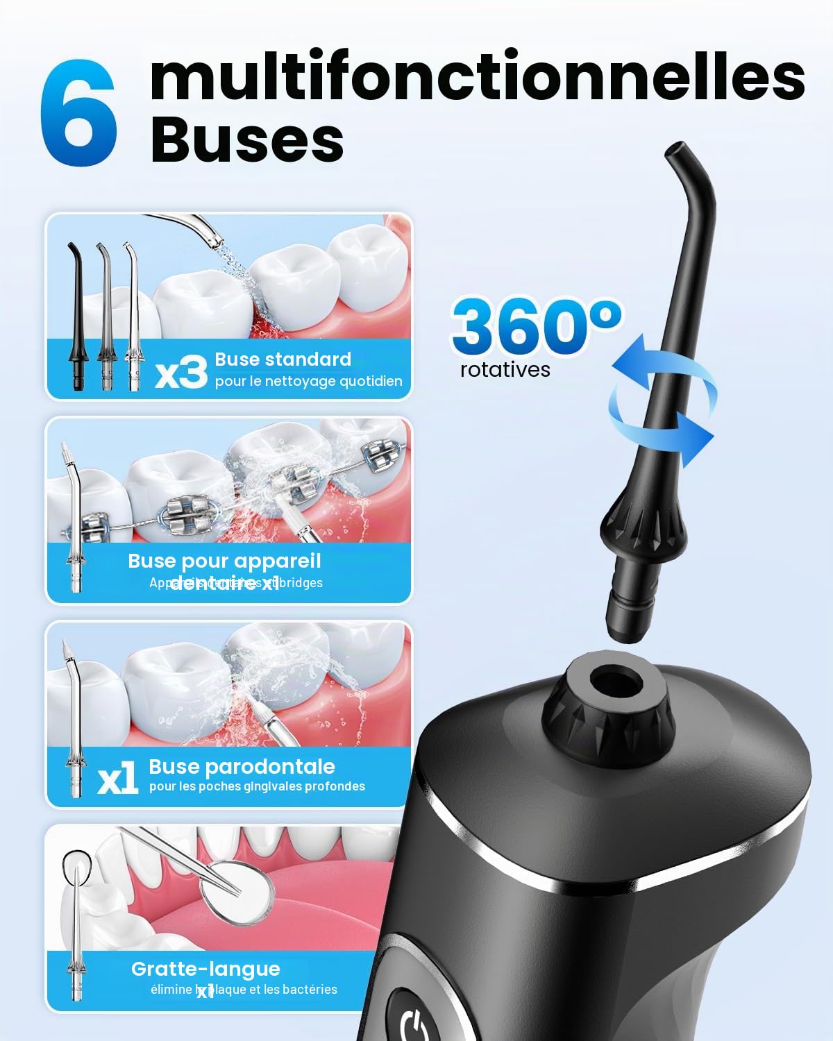 JTF Jet Dentaire Hydropulseur Oral - 300 ML Sans Fil Irrigateur, 3+1 Modes, Étanche IPX7 Water Flosser, Idéal pour Orthodontie, Appareil Dentaire, Gencives Sensibles Maison et Les Voyages(Noir)