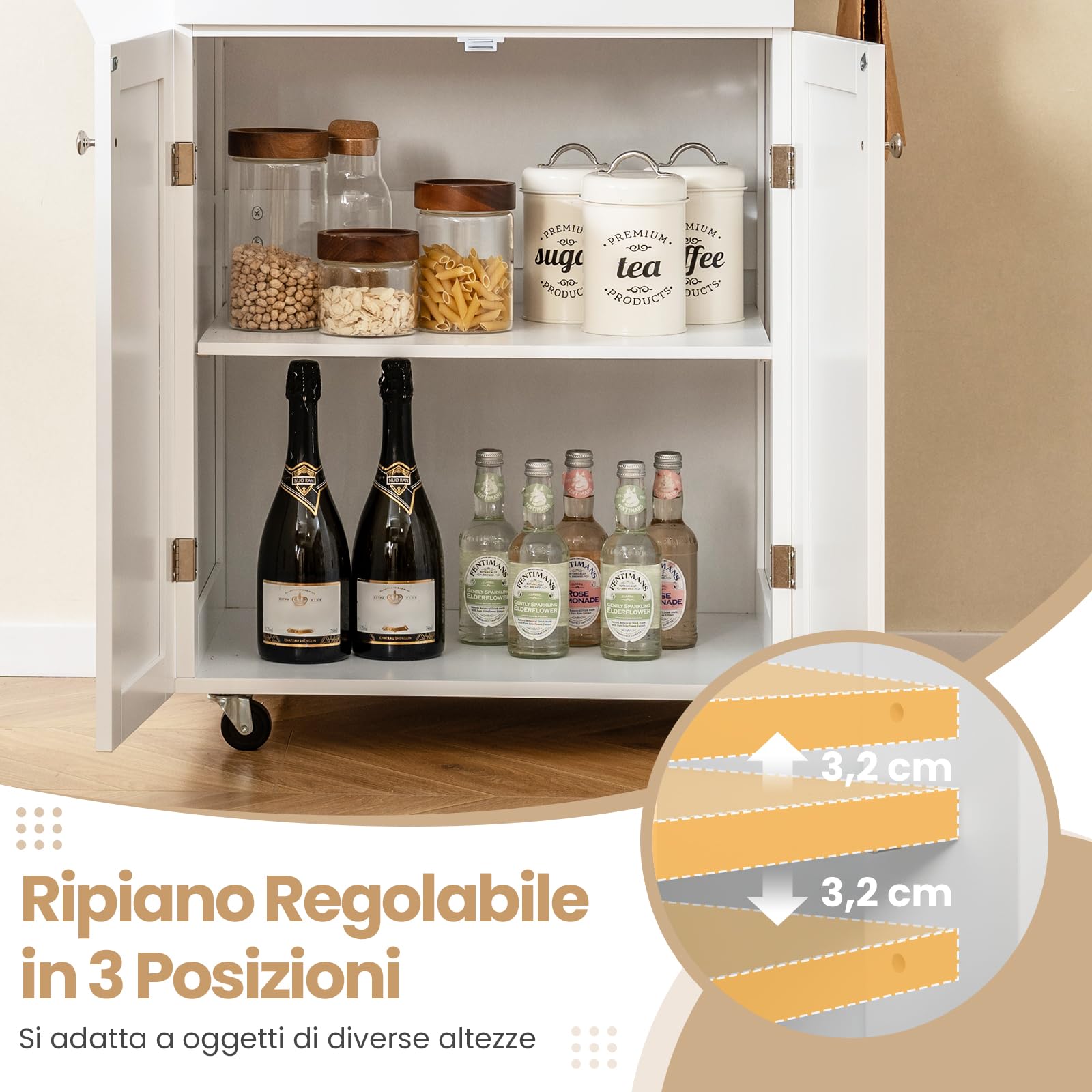 COSTWAY Isola da Cucina con Ruote, Carrello da Cucina con Cassetto e Armadio, Porta Spezie e Barre Porta Asciugamani, Armadietto Mobile con Ripiano Regolabile per Sala da Pranzo, 83x48x91 cm