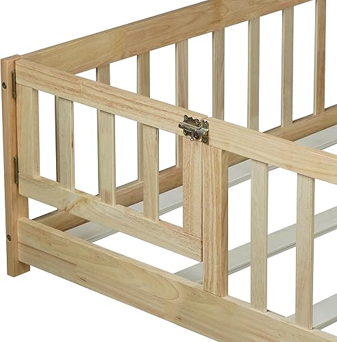 Miniatura 32 de Harper & Bright Designs Cama de suelo tamaño Queen con valla y puerta, marco de cama Montessori de madera para niños, niñas, listones incluidos, no