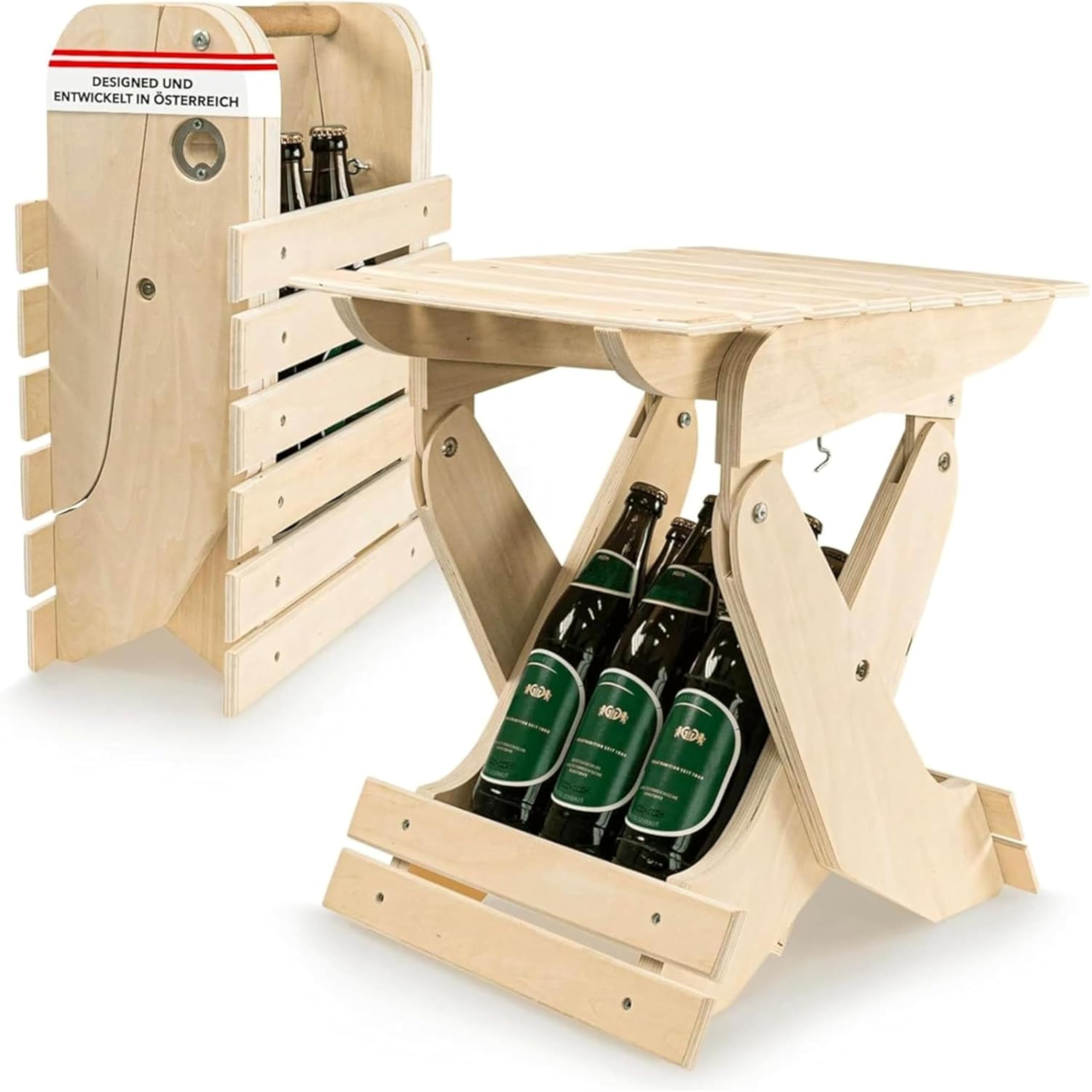 W4 Products Männerhandtasche Holz - Klappbarer Bierträger mit Sitzfunktion - Bier Geschenk für Männer & Bierliebhaber - 6er Flaschenträger aus Holz - Männerhandtasche Bier - Bierträger klappbar
