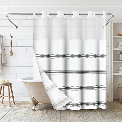 Miniatura 7 de Americanflat Cortina de ducha sin ganchos de 72 x 75 pulgadas, cortina de ducha clásica resistente al agua con panel transparente, forro a presión y