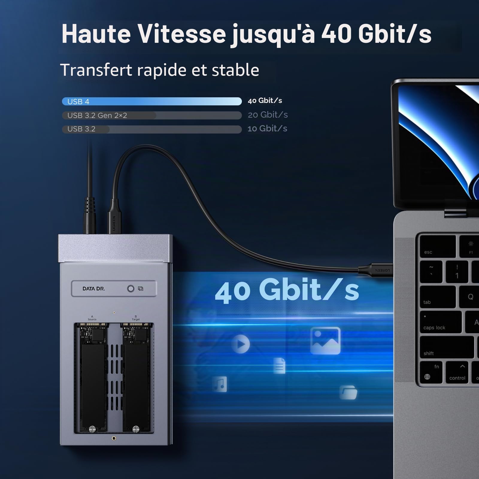 UGREEN Station Double Baie M.2 NVMe USB4 40Gbps, avec Ventilateur de Refroidissement, Compatible Thunderbolt 5/4/3, Raid et clonage Hors Ligne pour disques durs.