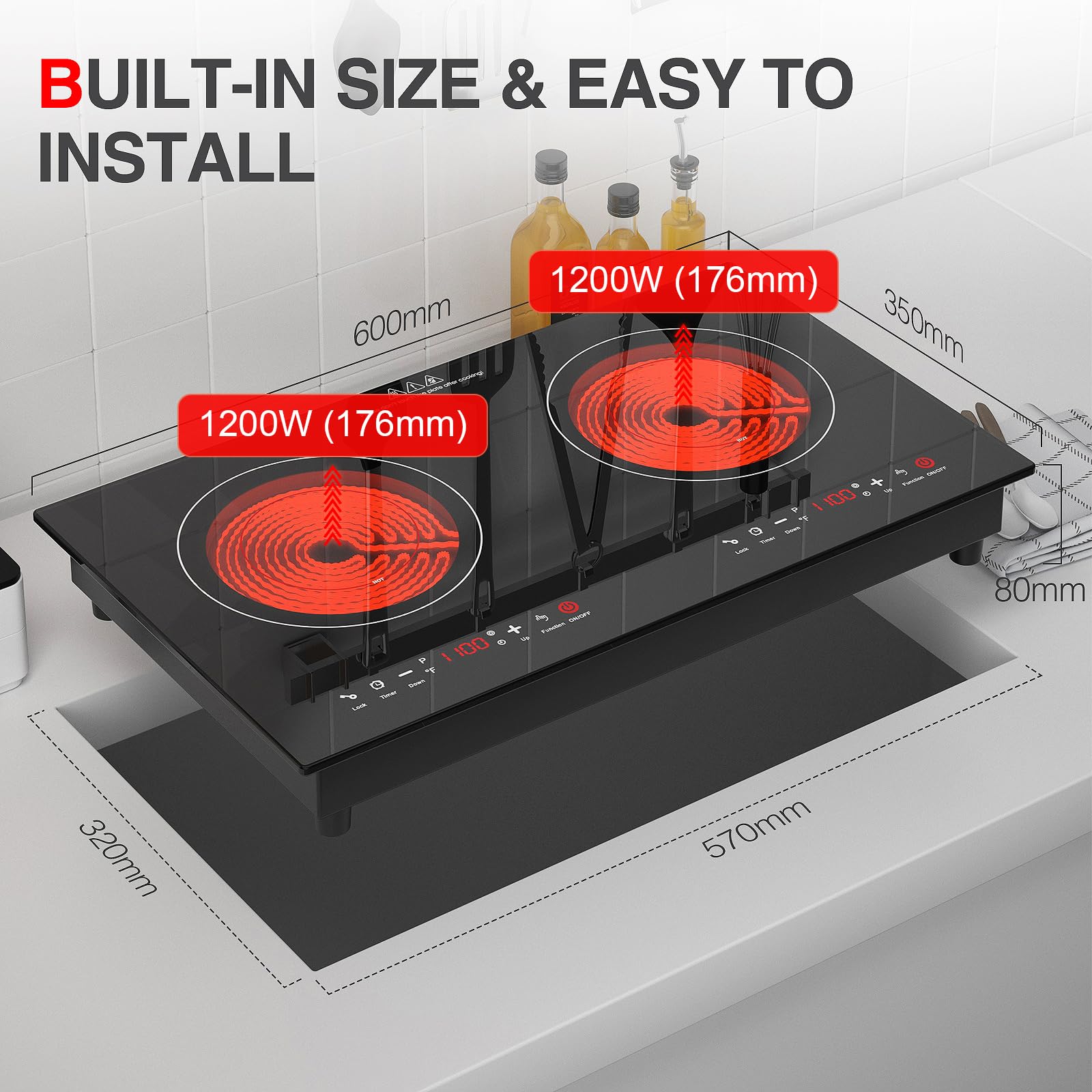 Estufa eléctrica de 2400 W, estufa eléctrica de 24 pulgadas, placa caliente de 2 quemadores, doble quemador integrado con pantalla táctil LED, 9 calefacción, 9 temperaturas, bloqueo y 2