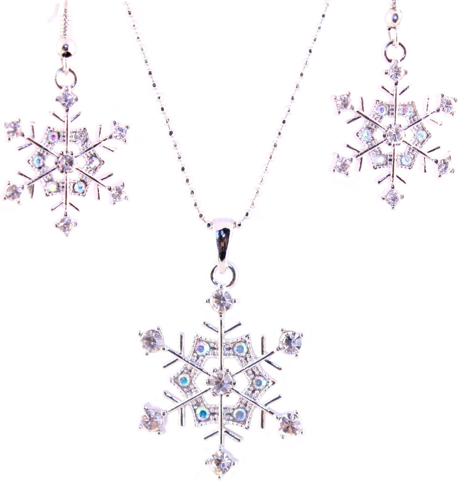 Silver Tone Cz Bridesmaid Snowflake Necklace with Earrings Set