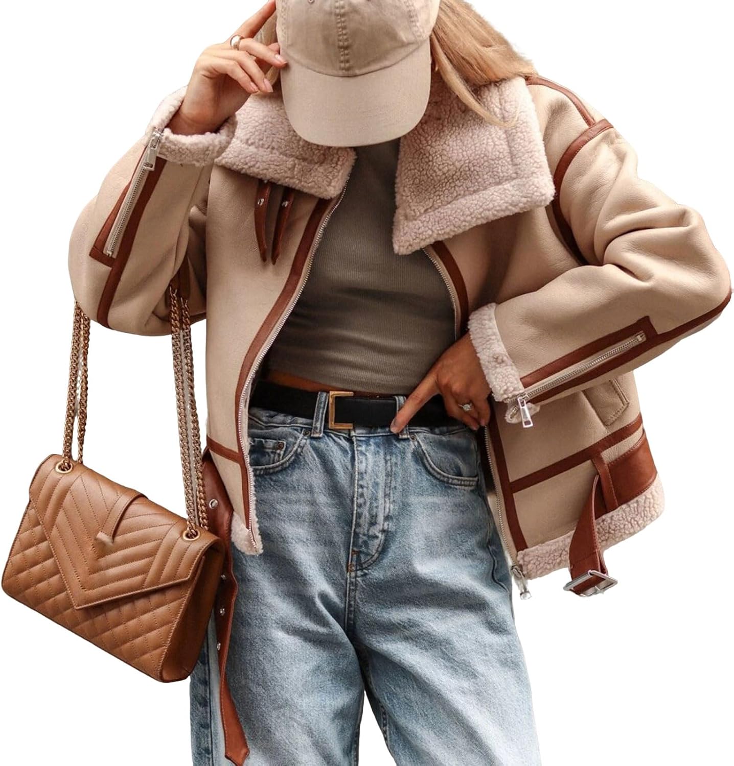 loveimgs Women Sherpa Lined Leather Jacket Oversized Faux Suede Jacket Shearling Coats Moto Aviator Biker Jackets Winter 2025