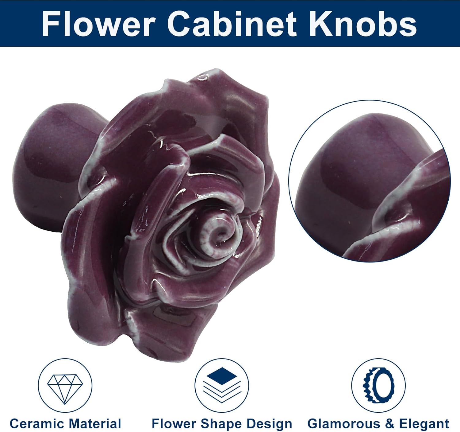 Piutouyar 2 Pcs Rose Flower Drawer Knobs, Black Ceramic Cabinet Knobs, Vintage Floral Dresser Pull Handles for Kitchen, Cabinet, Drawer, Dresser, Cupboard, Wardrobe Decor