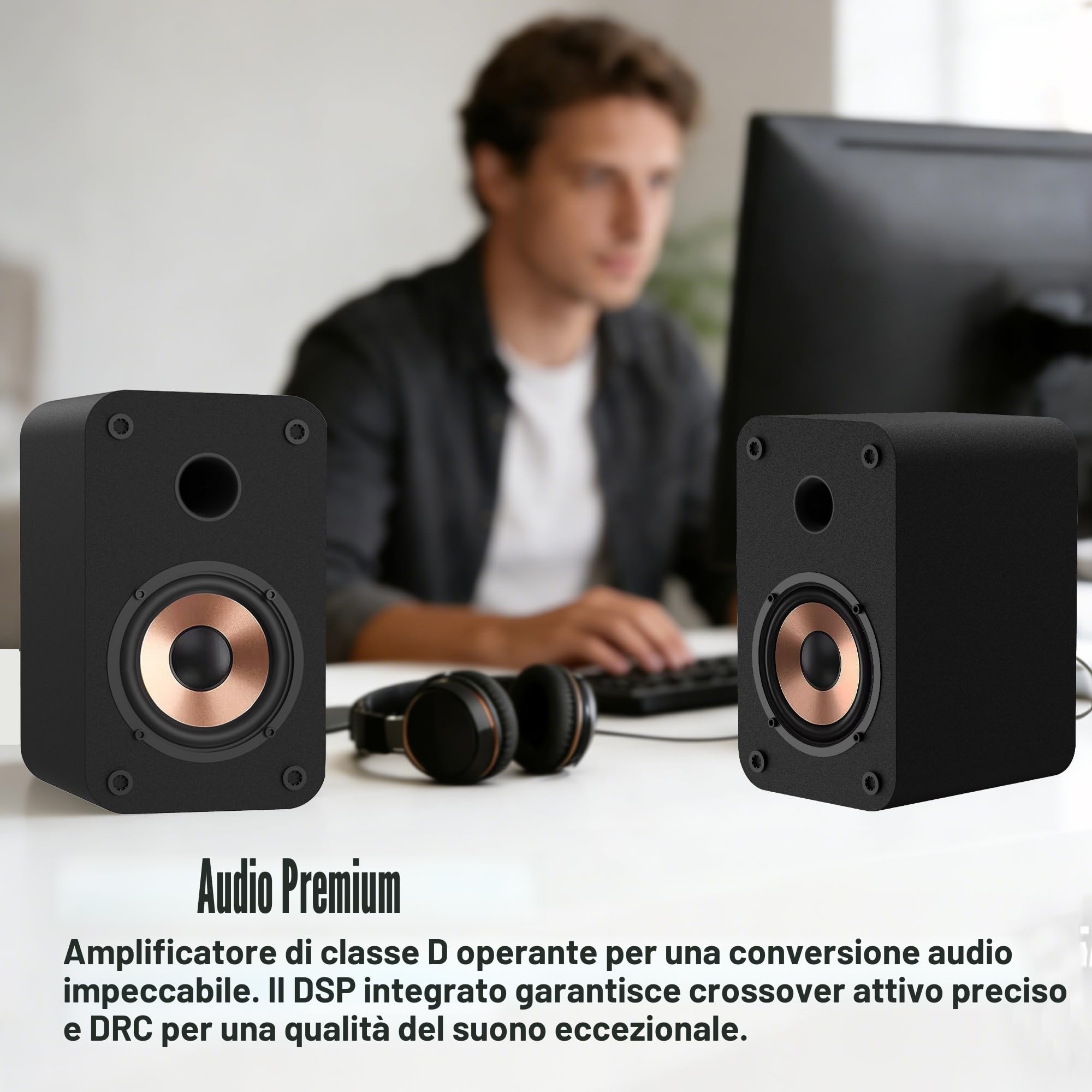 LONPOO LP-42s Diffusori attivi da scaffale, Mini altoparlanti per PC da 30W RMS con connettività Bluetooth, USB, AUX-in, uscita per auricolari, uscite da 3 pollici Woofer