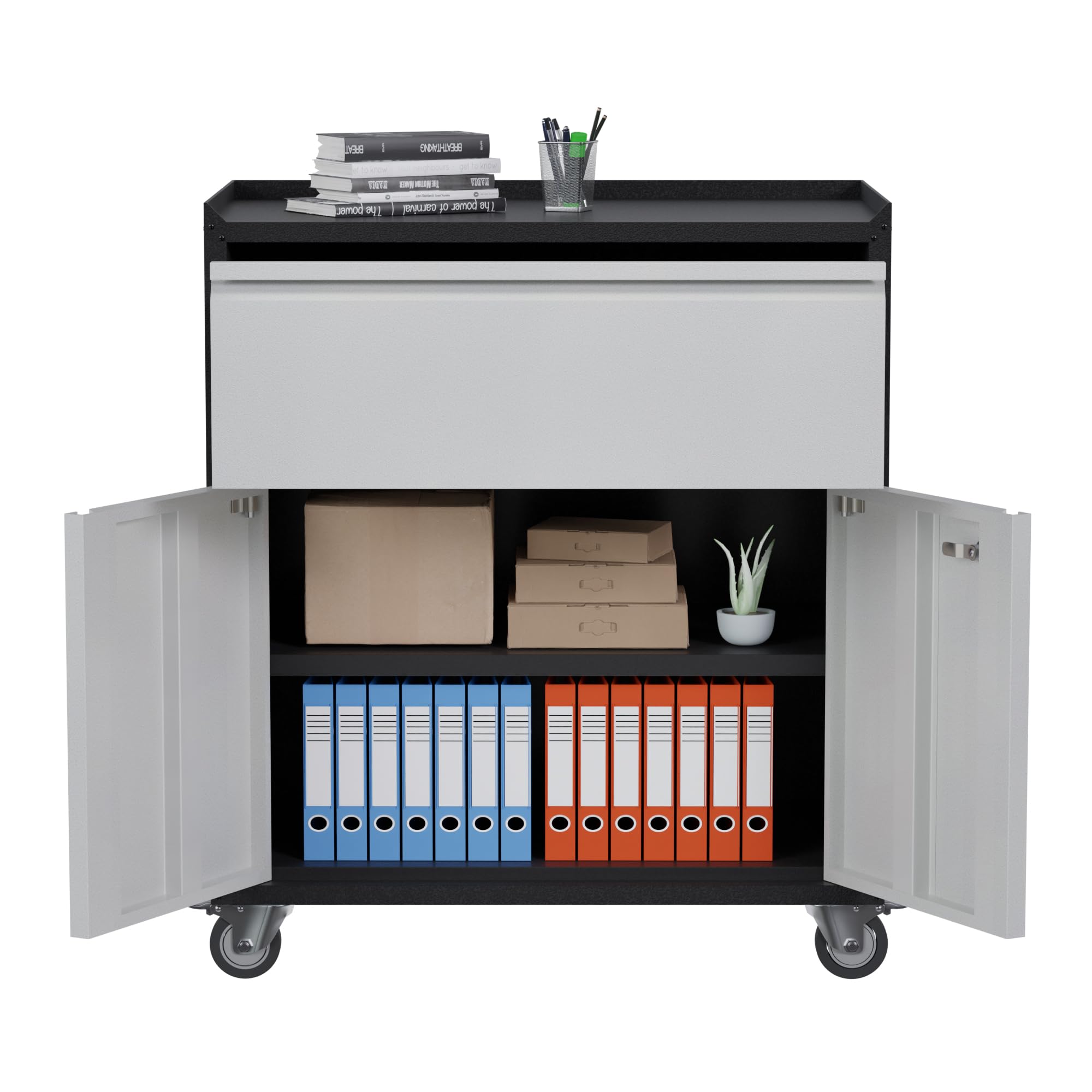 Waqiv Metal Storage Cabinet with Wheels,Steel Rolling Tool Storage Cabinets with 1 Drawer 2 Doors,Metal Tool Cabinets for Garage Home Office Utility