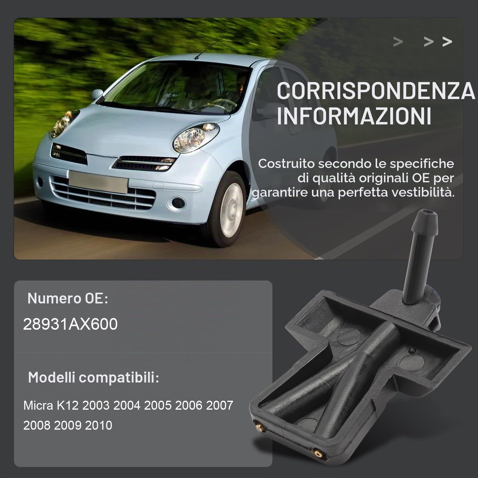 2x Ugello Tergicristalli per Micra K12 (2003-2010) 28931AX600 Getto Lavavetro Doppia Irrigazione Installazione Istantanea & Pulizia Ottimale