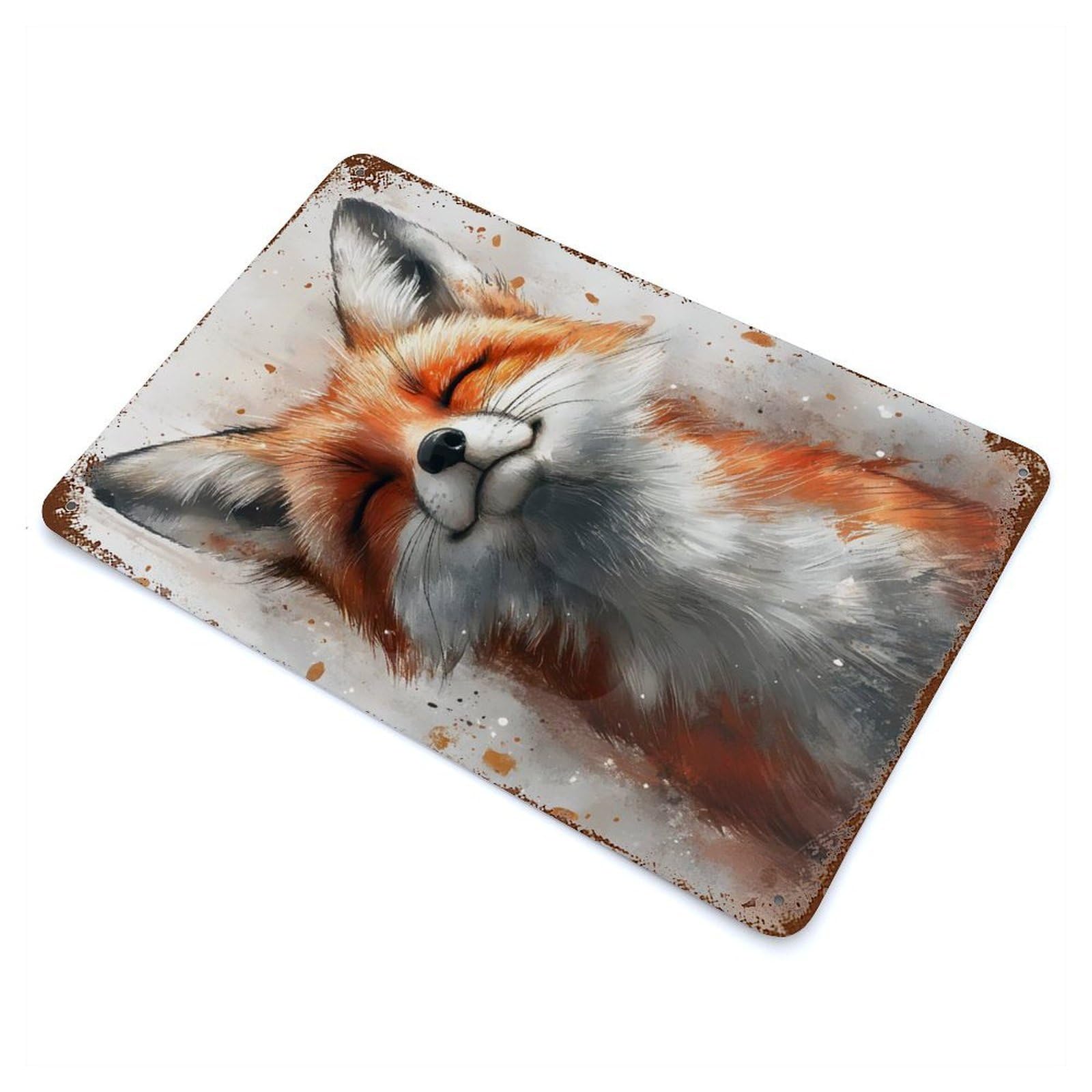 Rustic Tin Plaque with Smiling Fox Watercolor Design 11.8"x7.9", for Cafe, Home Bar And Lounge Decor, Industrial Home Decor