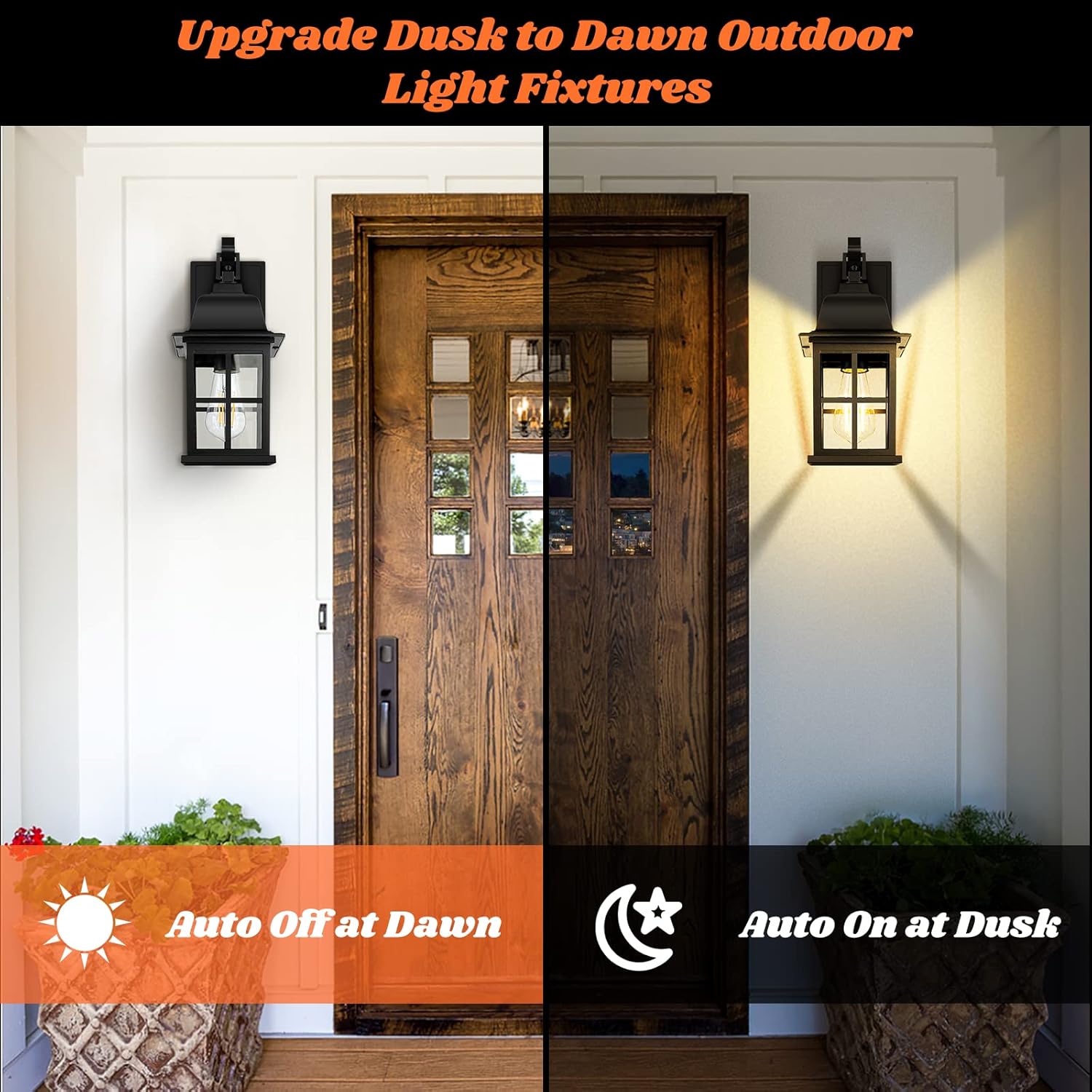 2-Pack Dusk to Dawn Outdoor Wall Lights, Exterior Light Fixtures with Photocell, 100% Anti-Rust Aluminium Outside Black Wall Lanterns, Waterproof Outdoor Wall Sconces for Porch Patio House Garage