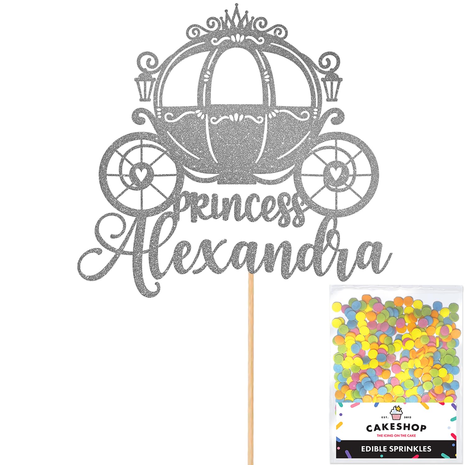Personalised Princess Carriage Glitter Cake Topper- Dark Silver Any Custom Name Glitter Cake Decoration and Sprinkles - Happy Birthday Decorations - Personalised Toppers for Cakes by Cakeshop โ image 1