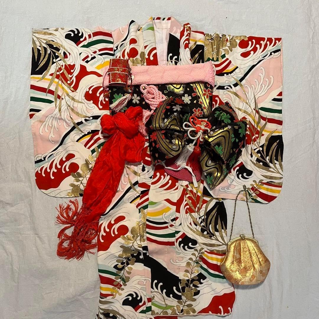 七五三 7歳 正絹 アンティーク ピンク 白 着物セット 七五三 7才着物