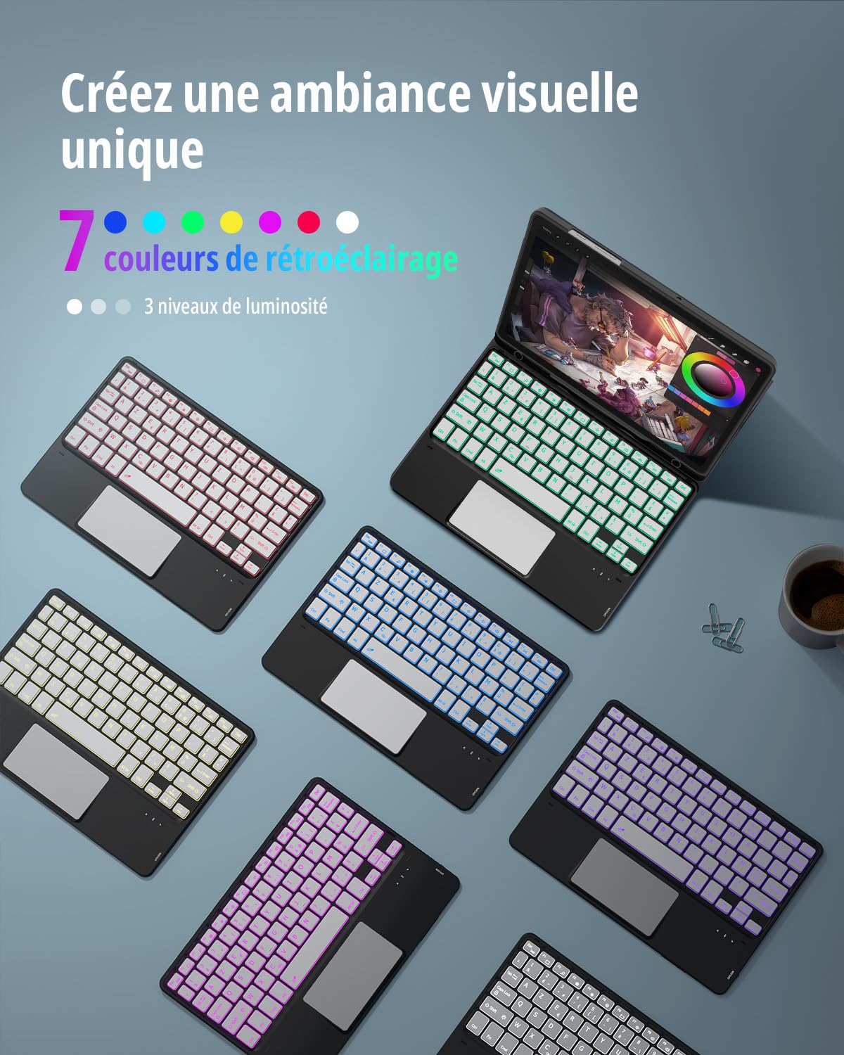 CACOE Étui Clavier Compatible avec Samsung Galaxy Tab A11 Plus / А9 Plus 2025/2023 11 Pouces avec Pavé Tactile, Éclairage 7 Couleurs Clavier AZERTY sans Fil Amovible, Noir