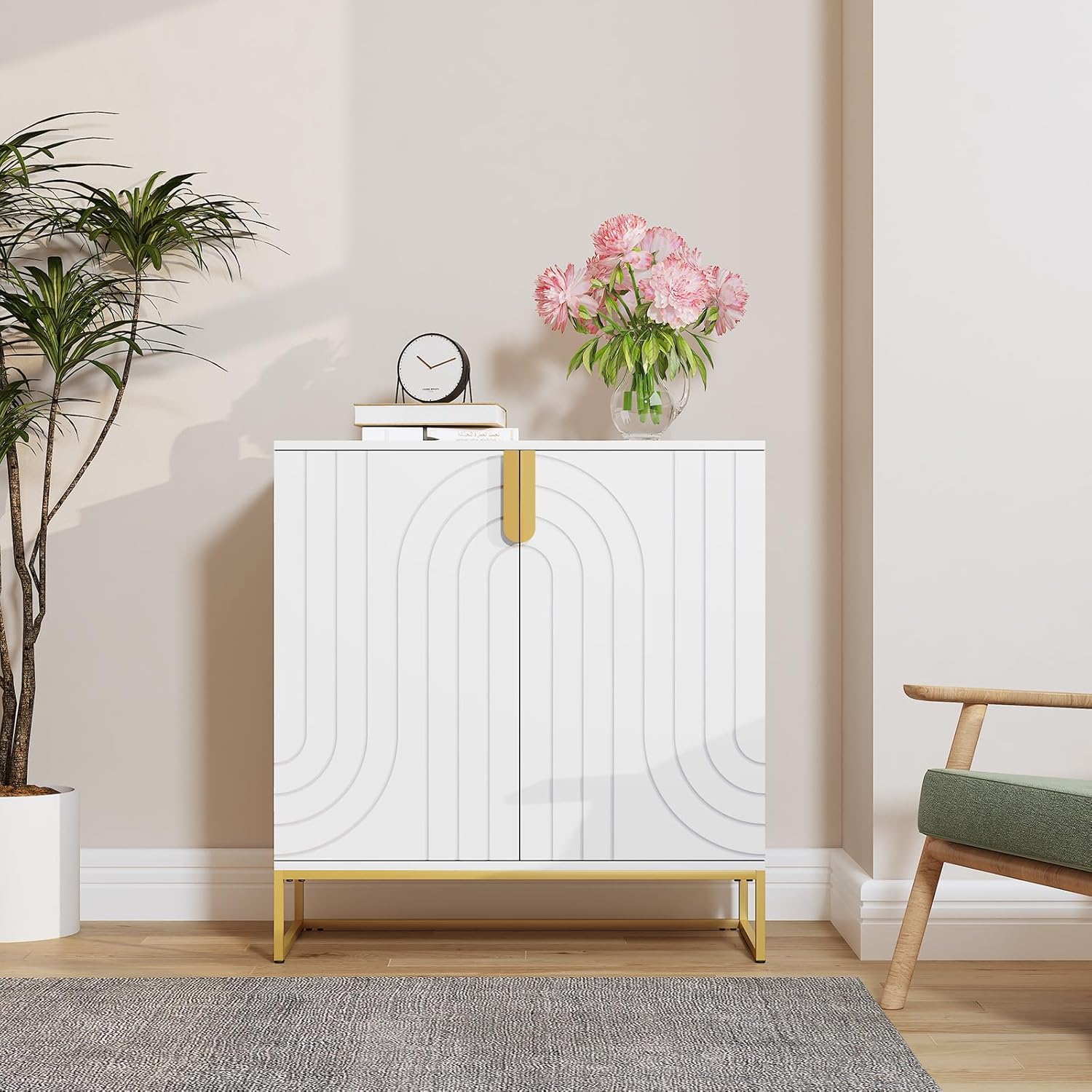 HLR Sideboard Buffet Cabinet with Storage, Modern Accent Cabinet Adjustable Shelves Wooden Storage Cabinets for Kitchen, Dining Room, Living Room, Coffee Bar, Garage, Entryway, White
