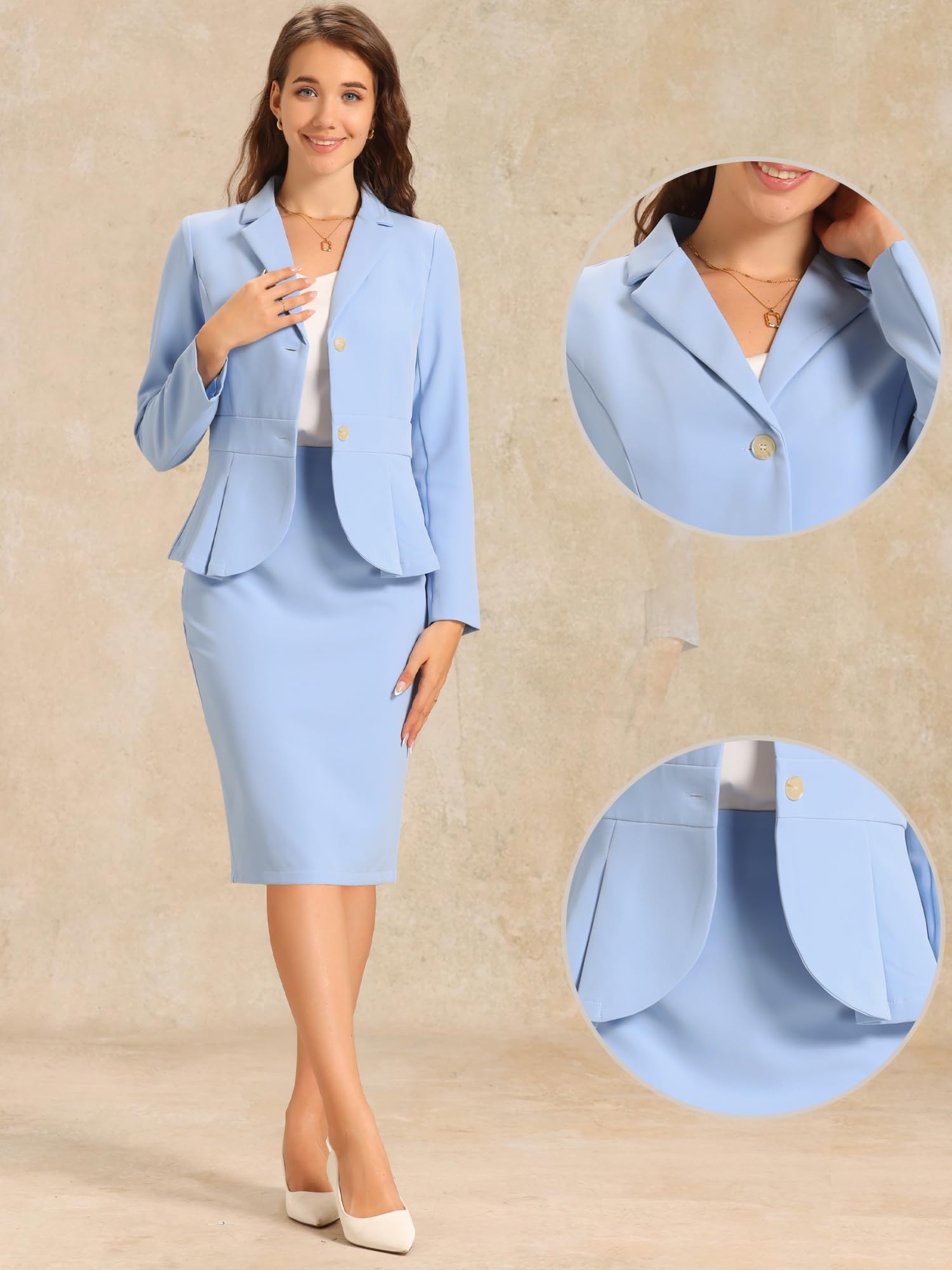 Allegra K Skirt Suit Sets for Women's 2 Piece Formal Office Notched Lapel Peplum Jacket Blazer Pencil Skirts Set
