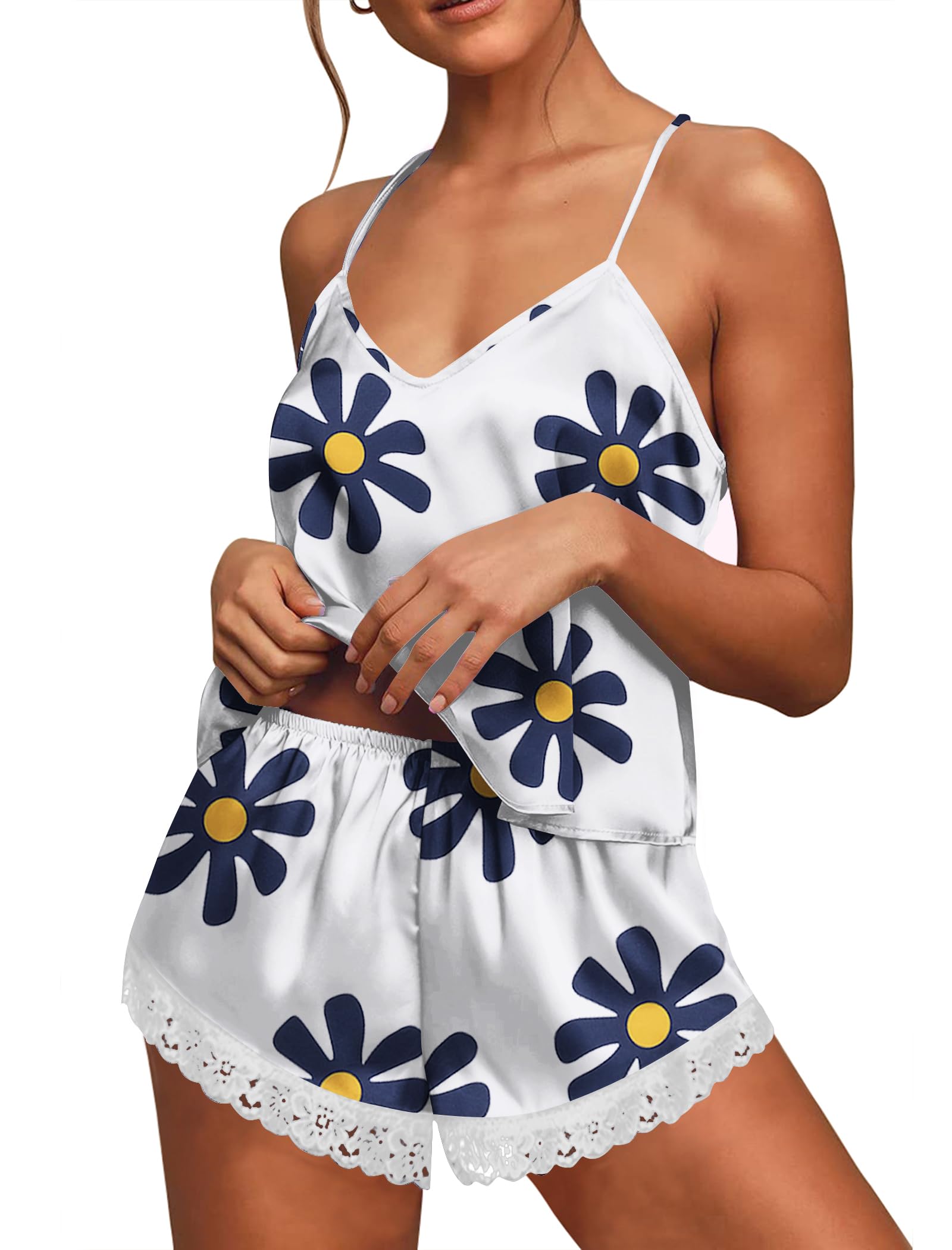 Ekouaer Satin Pajamas Women Lace Sleepwear Lingerie Cami Shorts Set Nightwear XS-XXL