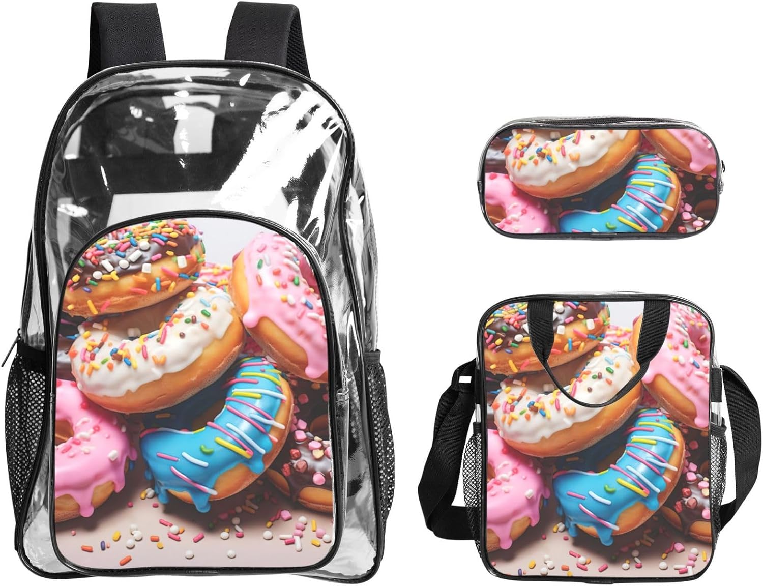 Donuts Print Unisex Transparent Backpack Set Travel Outdoor With Clear 3-Piece Lunch Pen Case