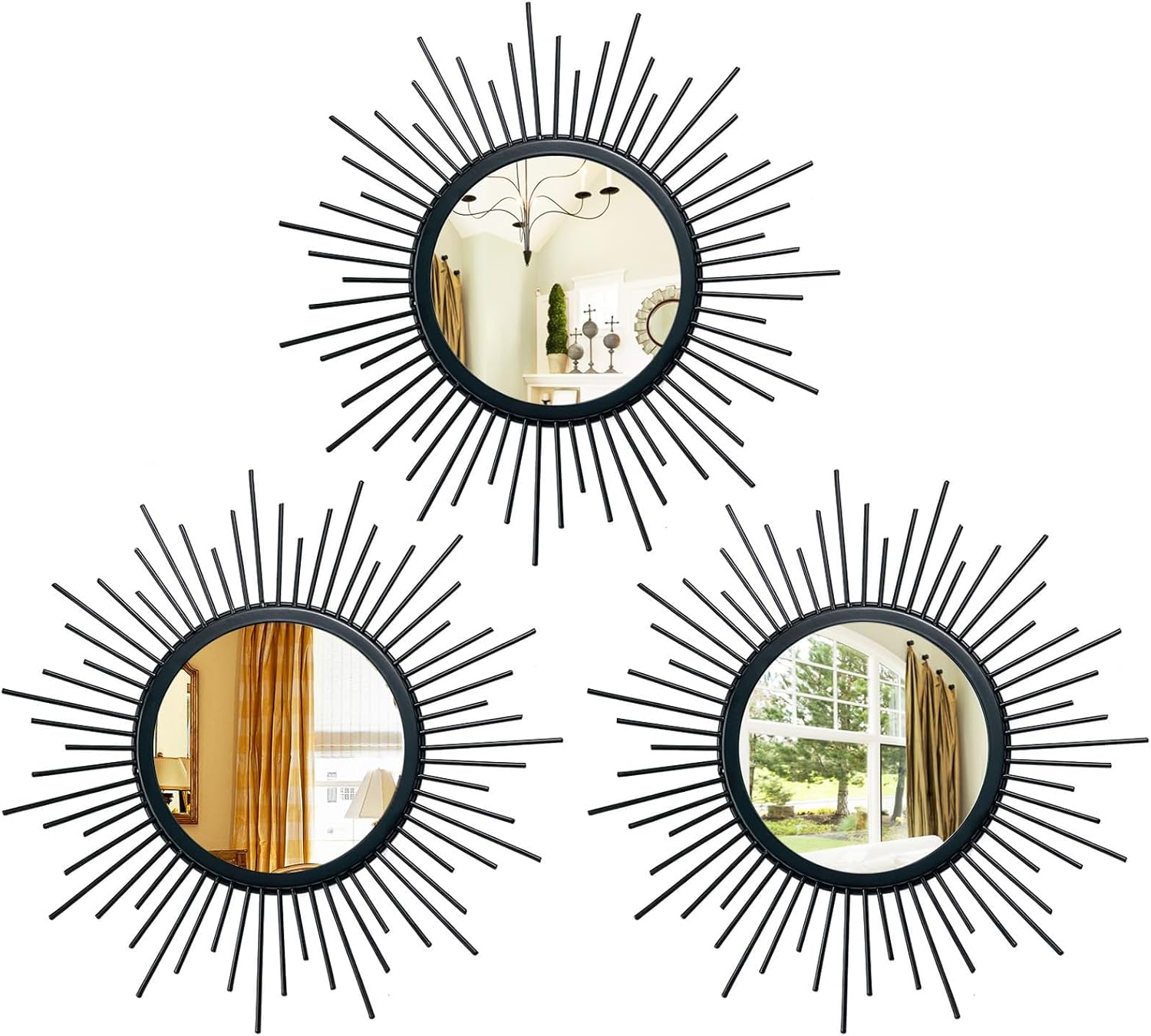 Cityelf 3 Set Black Mirrors for Wall Decor Metal Mirrors Small Mirror Sets Hanging Mirror Wall Sculpture for Bedroom Living Room Entryway