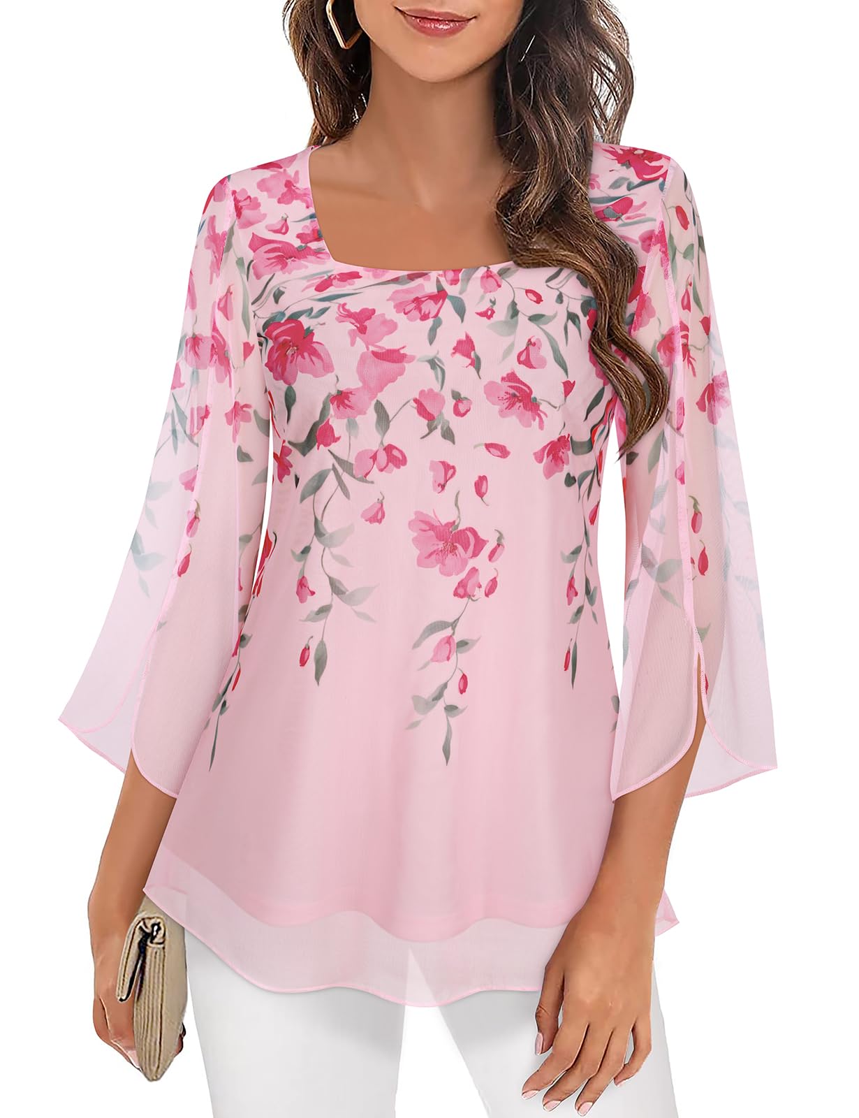 Syphiby Damen-Blusen mit Rüschen, 3/4-Ärmel, Tunika, Tops, locker, fließend, quadratischer Ausschnitt, Chiffon, doppellagig, Netzhemden, M-3XL