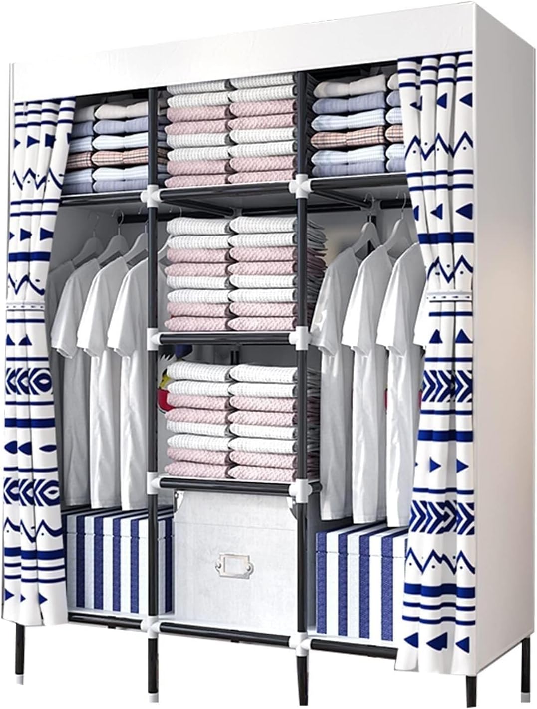 Double Compartment Portable Wardrobe Closet with Reinforced Steel Frame, Waterproof Dustproof Fabric, Easy Assembly for Bedroom Or Apartment(130x45x170cm)