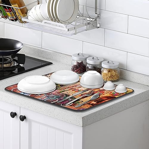 Miniatura 4 de GIPOUTY Tapete de secado de platos para encimera de cocina, alfombra de drenaje de platos de microfibra absorbente de flores de calle, extra grande,