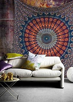 raajsee Blue Orange Tapestry Mandala Wall Hangings, Indian cotton Beach Throw Blanket, Hippie Tapestries Boho Décor, Yoga Meditation Mat Rugs 76X101 CMS