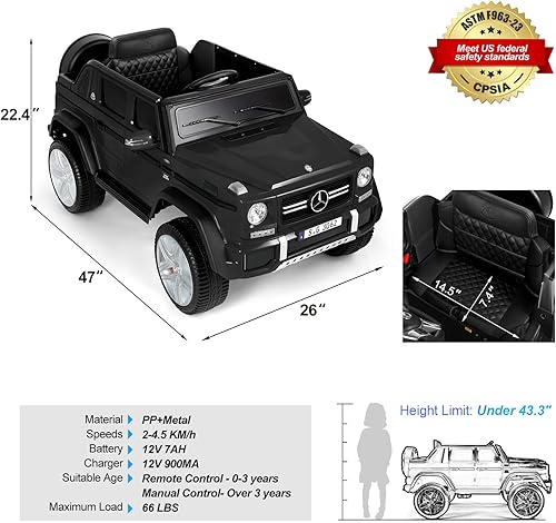 Miniatura 7 de JOYLDIAS - Auto Mercedes-Benz G650S con licencia para niños, camión de paseo para niños 12V7AH con control remoto de 2.4 GHz, 3 velocidades, música,