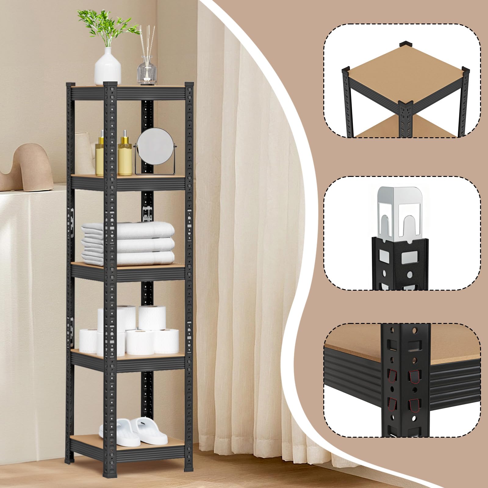 homewell Metalowy regał z 5 półkami, regał do dużych obciążeń, regał magazynowy, regał piwniczy, regał warsztatowy, regał do warsztatu, piwnicy i garażu do 600 kg