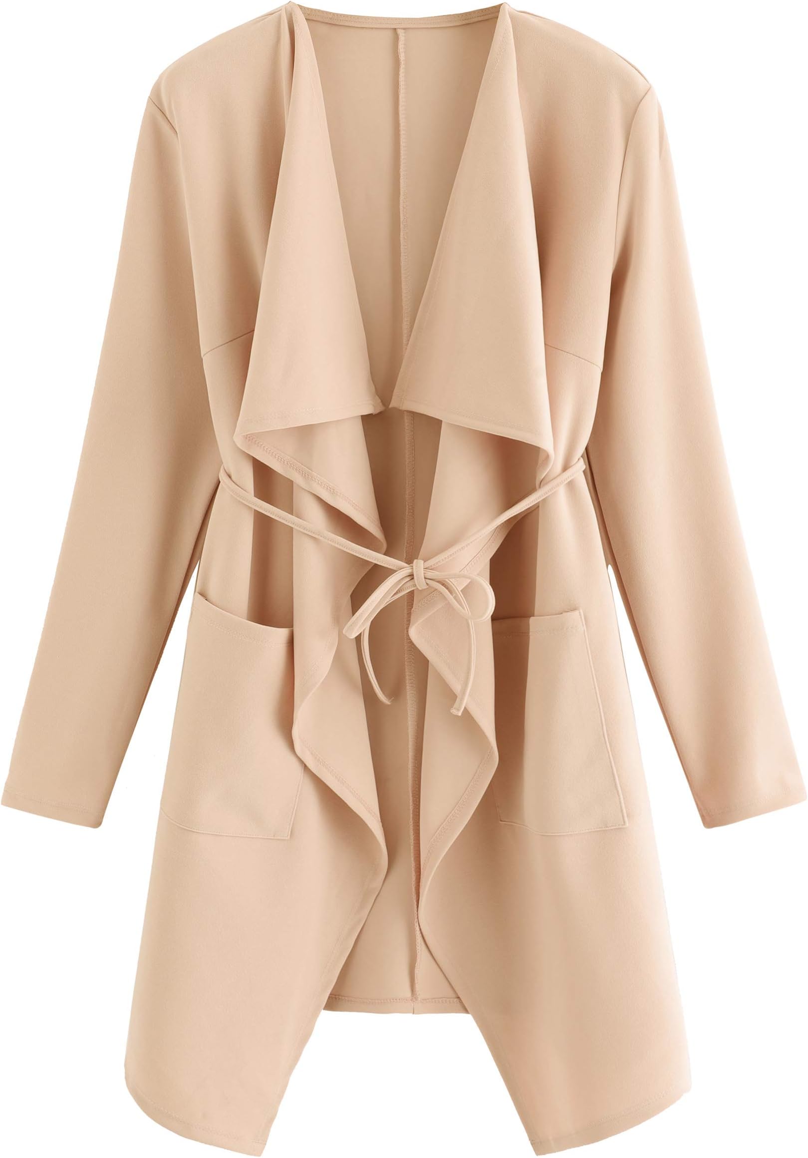 Romwe Women's Raw Cut Hem Waterfall Collar Long Sleeve Wrap Trench Pea Coat Cardigan